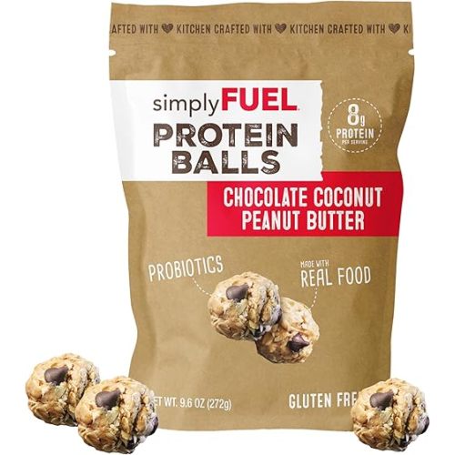 simplyFUEL Whole Food Protein Balls with Probiotics - Chocolate Coconut Peanut Butter Snacks - 8g Protein Snack - Gluten Free Energy Balls (1 Pack of 12 Balls)