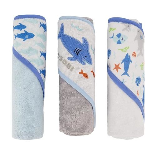 Cudlie Buttons & Stitches Baby Boy 3 Pack Rolled/Carded Hooded Towels in Jawsome Print (GS71723) - 3 Pack hooded towel