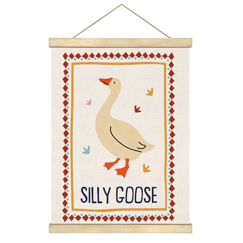 You found a duck Silly Goose Boho Linen Canvas Wall Art with Wooden Hanger – Whimsical Animal Poster for Playroom, Kids Room & Nursery, 14×18.5 Inch – Best Festival Gift for Friends & Children(LYK05)