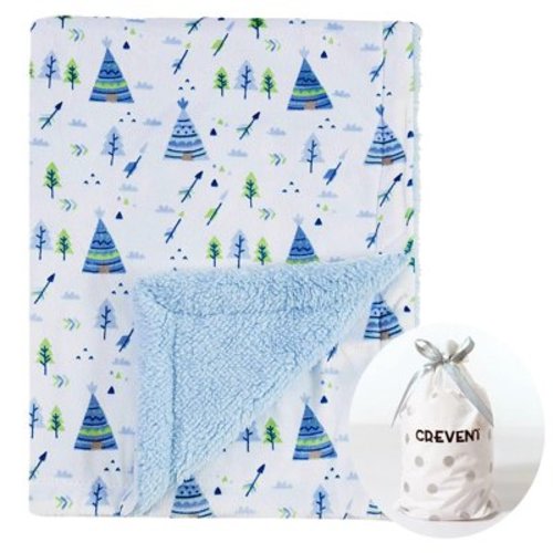 CREVENT Minky Sherpa Warm Baby Blanket for Boys Girls, Soft Plush Receiving Blanket for Newborns, 30''x40'', Blue Christmas Tree