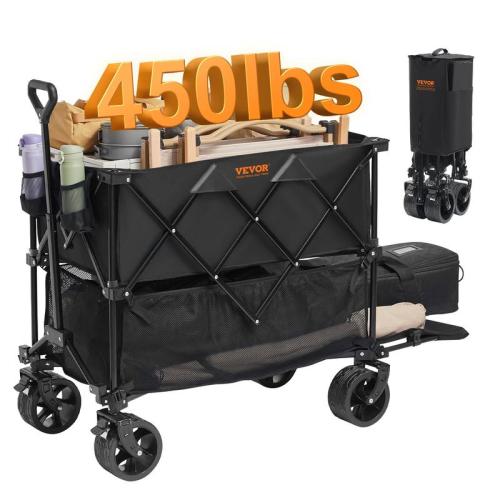 VEVOR Foldable Double Decker Wagon, Max. 450 lbs Collapsible Wagon Cart with All-Terrain Wheels, Heavy Duty Folding Wagon Cart 400L Capacity for Camping, Shopping, Garden, 52" Extra Long Extender - TikTok Shop