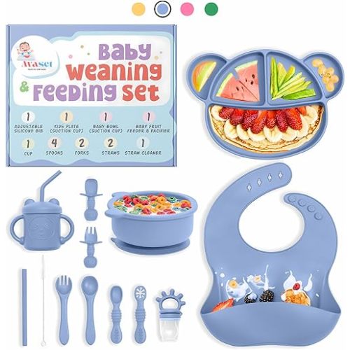 Complete Silicone Baby Led Weaning Supplies Set - Animal-Themed 15-Piece Toddler & Baby Feeding Essentials with Bib, Suction Plate & Bowl, Forks, Spoons, Sippy Cup, Straws & More (Baby Blue)