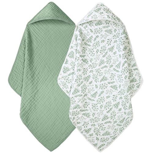 Baby Bath Towels, 100% Muslin Cotton Hooded Baby Towels for Newborn, Infant and Toddler, 2 Pack Soft and Absorbent Unisex Bath Essentials with Large 32x32Inch Size