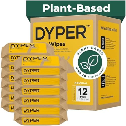 DYPER Baby Wipes Unscented (720 Count) - 99% Water-Based & Hypoallergenic Baby Wipes, Made with Plant-Based Materials, Gentle for Sensitive Skin, Fragrance & Plastic-Free Wet Wipes, 12 Pack
