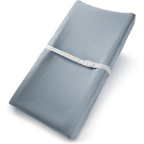 Comfy Cubs Muslin Fitted Changing Pad Cover - Soft, Breathable & Washable 100% Cotton Fitted Sheet for Baby's Comfort - Universal Fit for Flat & Curved Baby Changer Pad - Pacific Blue