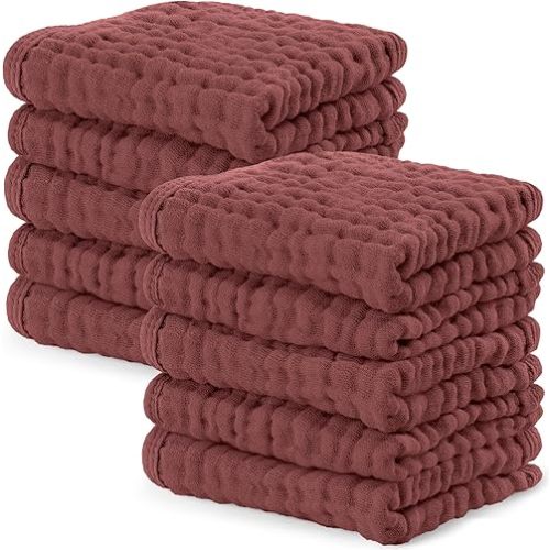 Comfy Cubs Muslin Baby Washcloths 10 Pack - Soft 6-Layer Cotton Wash Cloths for Sensitive Skin - 10"x10" Large, Gentle, Absorbent Infant Essentials for Newborn and Toddlers - Wine
