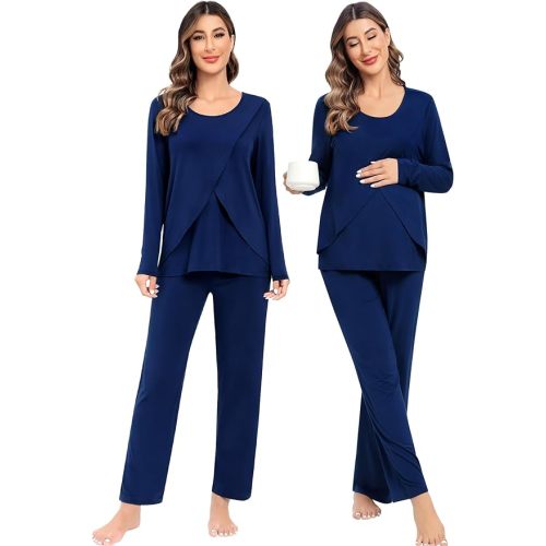 SWOMOG Women Maternity Pajama Set Nursing Pjs Double Layer Long Sleeve Top & Pants Breastfeeding Pregnancy Set with Pockets - XX-Large - Navy Blue