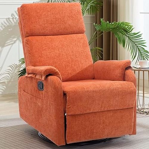 Recliner Chair, Swivel Rocking Recliner Chair for Adults, Glider Rocking Chair, Small Nursery Chair Recliner for Living Room, Reclining Chair with Modern-Designed Armrests, Chenille, Orange