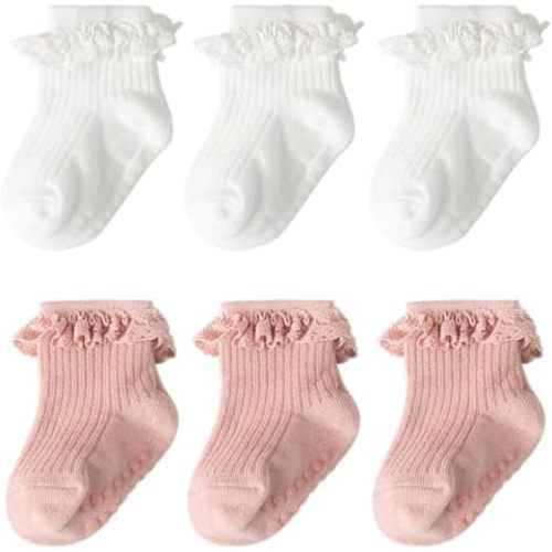 DRESHOW BQUBO Baby Girls Toddler Anti Slip Socks - Cute Frilly Ruffle Grip Ankle Socks for Infant Toddler