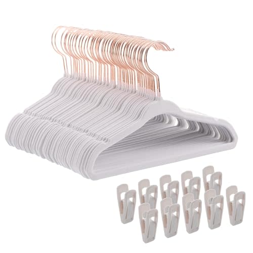 Baby Hangers Velvet - 11 Inch Kids Felt Hanger Non Slip Toddler Clothes - Childrens Hangers for Newborn Clothes - 50 Pack with 10 Hanger Finger Clips, White