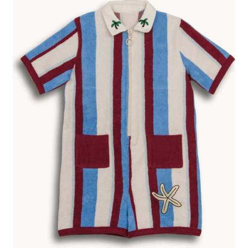 Terry Short Sleeve Zipper Overall, Marina Stripes - Happymess | Maisonette