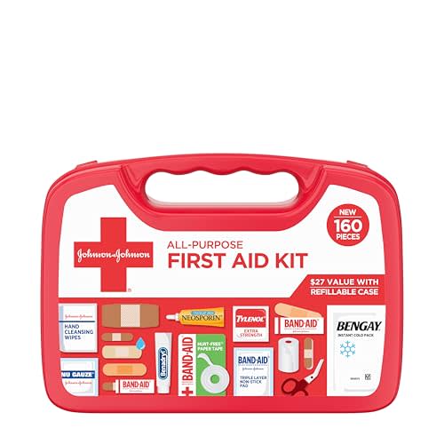 BAND-AID Brand All-Purpose Portable Compact First Aid Kit for Minor Cuts, Scrapes, Burns & Aches, Wound Care Essentials for Home, Car, Dorm, Travel, Cruise, Camping & Outdoor Emergency Kit, 160 Piece