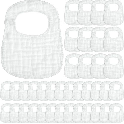 Reginary 30 Pack White Muslin Baby Bibs for Boy Girl Adjustable 6 Layers Cotton Baby Bandana Drool Bibs Bulk Soft Absorbent Washable Snap Muslin Burp Cloth for Newborn Infant Drooling Eating Feeding