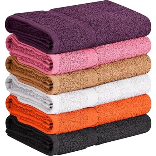 Towel and Linen Mart 100% Cotton 6 Pack Bath Towel Set, Quick Dry, Super Absorbent, Light Weight, Soft, (27 x 54 Pack of 6) (27 x 54 6 Pack, Plum, Pink, Beige, Grey, White, Peach)