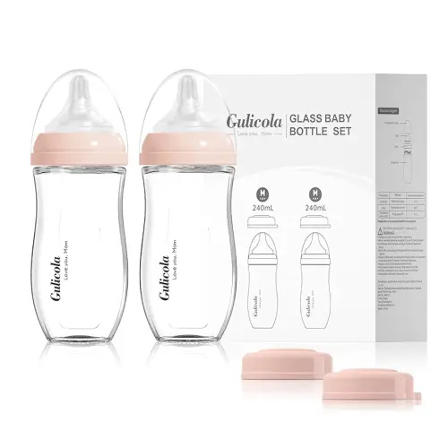 Natural Glass Baby Bottle for Breastfed Babies, Anti-Colic Baby Bottle Set with Medium Flow Nipple, 3 Months +, 8 oz, 2 Pack - Pink