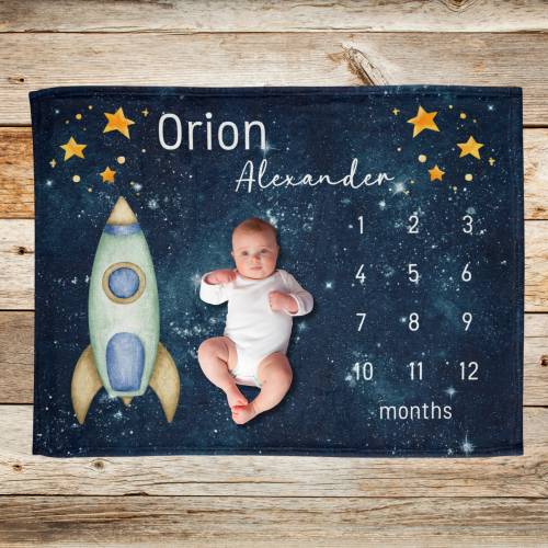 Space Milestone Blanket Boy Gift, Moon and Stars Baby Age Blanket, Babys First Days Growth Tracker Blanket, Custom Newborn Baby Shower Gift