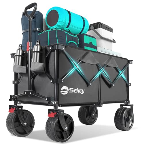 Collapsible Wagon Cart with Big All-Terrain Beach Wheels, Foldable Heavy Duty Wagons with Cup Holders, Utility Carts for Camping, Garden, Outdoor, Grocery, Sports. Grey