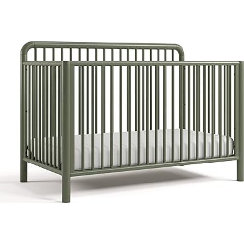 Storkcraft Porto 5-in-1 Convertible Crib with Toddler Guardrail – GREENGUARD Gold Certified, Toddler Bed Conversion Kit Included, 100% Solid Wood, Fits Standard Baby Crib Mattress (Olive)