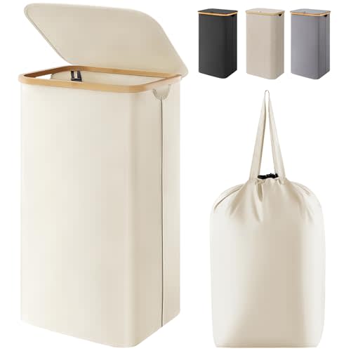 Lifewit 100L Laundry Basket with Lid, Clothes Hampers for Laundry with Bamboo Handles and A Removable Bag, Large Foldable Laundry Hamper for Bedroom, Bathroom, Dorm, Laundry Room, White