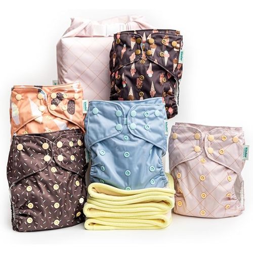 Ice Cream Treat Kinder Cloth Diapers Set of 5 Reusable Baby Diapers Pocket Style Athletic Wicking Jersey, Bamboo Viscose Inserts, Wet Bag, Newborn to Potty Training 7-60lbs, Neutral Simple