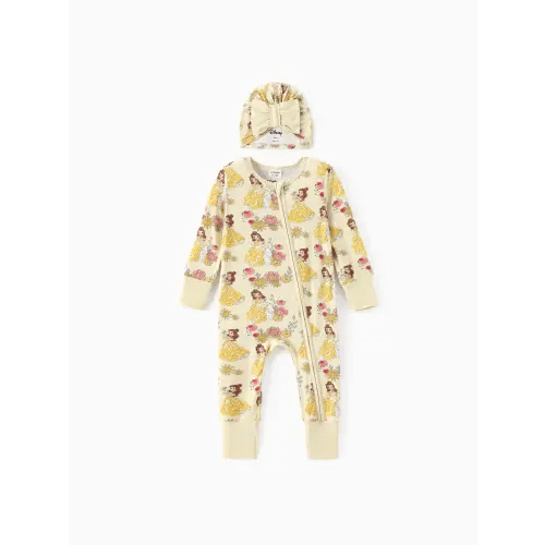 Disney Princess Baby Girl Bamboo Beller/Ariel/Cinderella Enveloping Cuffs Zipper Jumpsuit with Bowknot Hat Set Only $28.99 PatPat US Mobile