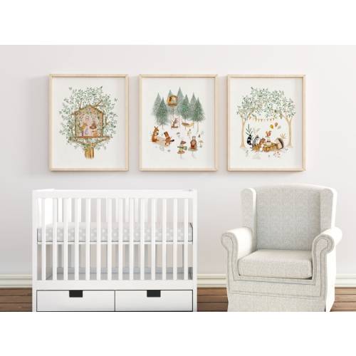 Whimsical Woodland Art Prints, Woodland Animals Nursery Art, Sage Green Nursery Wall Art, Tree Nursery Decor, Nature Wall Art for Baby Boy