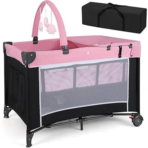 HONEY JOY Pack and Play, 4 in 1 Folding Infant Playpen with Bassinet, Quickly Assembled, Breathable Mesh Fabric, Carry Bag, Diaper Changing Table, Toys, Portable Crib for Babies & Toddlers (Pink)