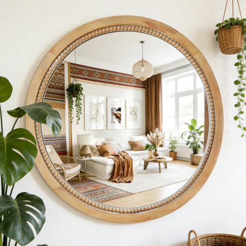 East Urban Home Round Wood Mirror, Circle Rustic Farmhouse Natural Wooden Frame Boho Beads Wall Mirror for Bathroom,Living Room,Bedroom or Entryway & Reviews | Wayfair