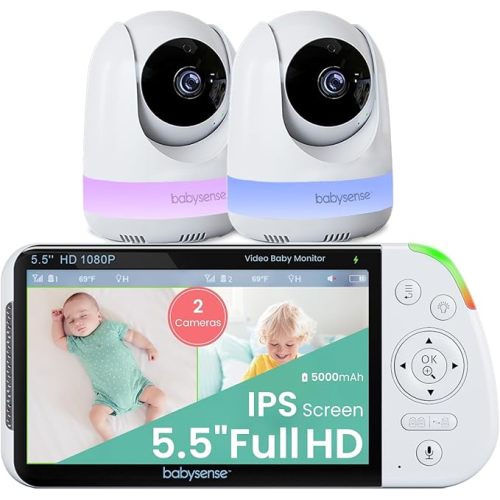 Babysense 5.5” 1080p Full HD Split-Screen Baby Monitor, Video Baby Monitor with 2 Cameras and Audio, 6-Color RGB Night Light, 1000ft Range, Two-Way Audio, 4X Zoom, 5000mAh Battery