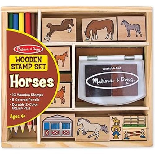 Melissa & Doug Wooden Stamp Activity Set: Horse Stable - 10 Stamps, 5 Colored Pencils, 2-Color Stamp Pad - Horse Stamps With Washable Ink, Horse Gifts For Girls And Boys Ages 4+