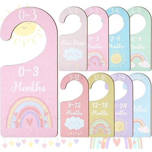 Baby Closet Dividers 8PCS, Pastel Rainbow Theme Wooden Double-Sided Clothes Size Hanger Organizer from Newborn to Toddler for Nursery Decor Baby Shower Birthday Gift