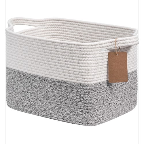 Goodpick Woven Storage Basket, Small Laundry Basket for Clothes, Towels and Shoes, Rope Square Gift Organizer with Handles, Gray and White, 13 x 10 x 9 Inches