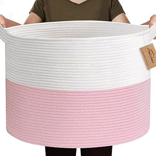 Pink Storage Baskets for Organizing, 22"X22"X14" XXXL Blanket Basket Living Room, Large Toy Basket, Soft Pink Cotton Rope Woven Baskets for Storage, Decorative Gifts Basket Bins for Nursery