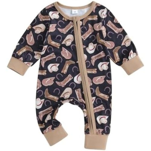 Gueuusu Country Baby Clothes Boy Girl Farm Animal Print Long Sleeve Romper Zipper One Piece Jumpsuit Cute Fall Outfit