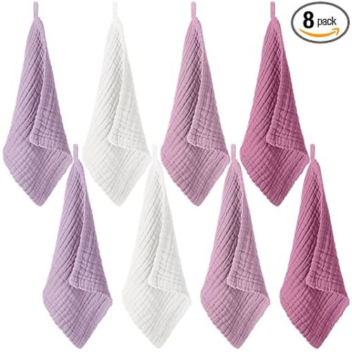 SmoothNovelty 8 Pcs Baby Washcloths for Newborn 12 x 12 Inch Muslin Face Towels Cotton Absorbent for Delicate Skin Soft Muslin Cloth Reusable Baby Registry as Shower Gift, 4 Colors(Purple Color)