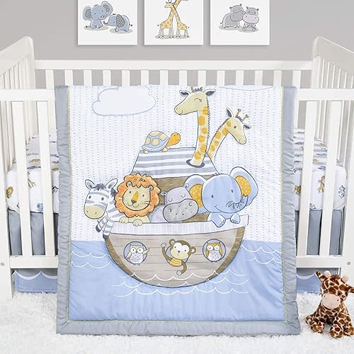 Sammy & Lou Noah's Ark 4-Piece Baby Nursery Crib Bedding Set for Boys, Includes Quilt, Fitted Crib Sheet, Crib Skirt, and Plush Toy