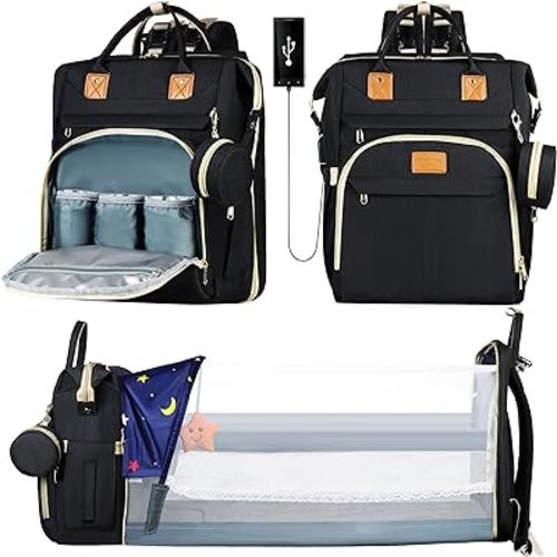 Diaper Bag Backpack for Mom and Dad, Large Capacity Baby Travel Bag with USB Charging Port, Waterproof Foldable Baby Bag for Boys and Girls, Stylish Maternity Backpack for Travel & Hospital， Black
