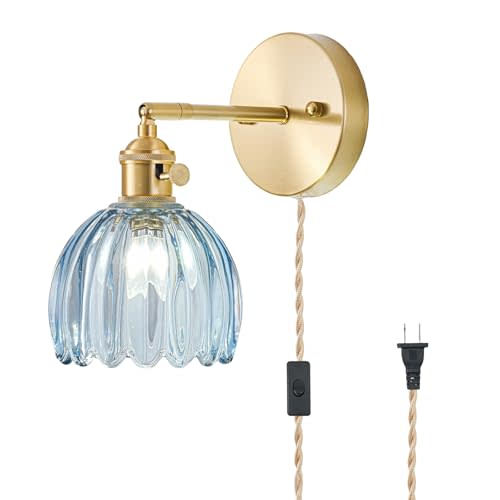 LINSEEDS Plug in Wall Sconce, Vintage Sconce Light with Tulip Denim Blue Glass Lampshade, 180° Adjustable Wall Sconce with Switch and Plug in Wall Lamp Cord, Gold Wall Light for Bedroom Bedside