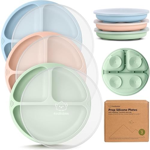 KeaBabies Suction Plates with Lids for Baby - 3-Pack 100% Silicone Suction Plates for Baby, Kids,Toddler Plates,Divided Baby Plates with Suction,Lids, BPA-Free, Microwave, Dishwasher Safe (Mellow)