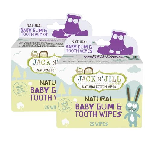 Jack N' Jill Baby Gum & Tooth Wipes - Natural & Safe, Contains only Water & Xylitol, Soft Cotton, Free from Fluoride & Sugar, Baby Mouth Wipes - 25 Individually Wrapped Wipes (Pack of 2)