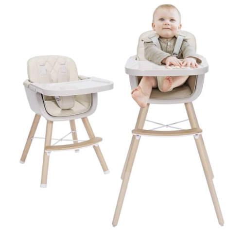 3-in-1 Convertible Wooden High Chair, High Chairs for Babies and Toddlers, Baby High Chair with Adjustable Legs & Dishwasher Safe Tray, Made of Sleek Hardwood & Premium Leatherette, Beige Color