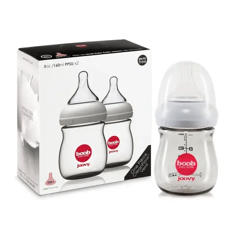 Joovy Boob Baby Bottles Made from Durable, Medical-Grade PPSU with CleanFlow Vent Technology to Prevent Nipple Collapse, Negative Pressure, and Colic Symptoms (5oz, 2pk)