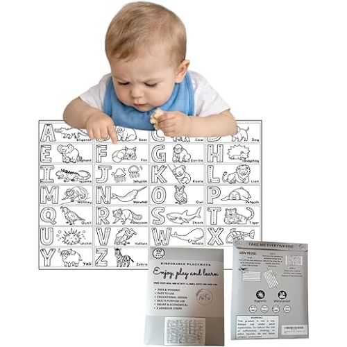 Disposable Adhesive Placemats for Baby, Kids, Toddler, 40pcs, Waterproof high-Contrast Educational Design, Ideal for Led weaning Essential, Travel, Art, Food Grade Plastic 12''x18''