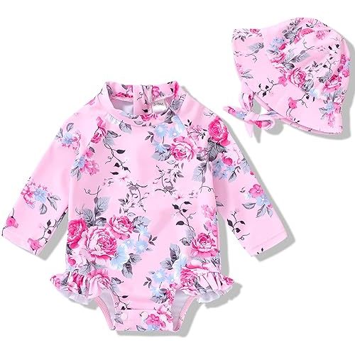 Infant Baby Girl Swimsuit One-Piece Long Sleeve Rash Guard with Hat Set Floral Zipper Bathing Suit Leopard Beach Wear