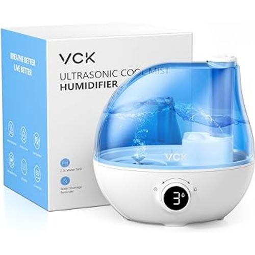 Humidifiers for Bedroom, VCK 2.3L Ultrasonic Cool Mist Quiet Air Humidifier, 24 Hours Run Time, Auto Shut-Off, 3 Mist Levels, 360° Rotation Nozzle for Home Baby Nursery, Plants, Large Room Indoor Use