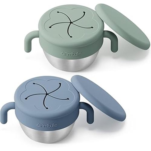 Fimibuke Snack Containers for Toddlers Kids, 12 OZ Spill Proof Stainless Steel Baby Snack Cups with Removable Silicone Food Catcher, Handles & Travel Lid BPA-Free Dishwasher Safe Food Container 2 Pack