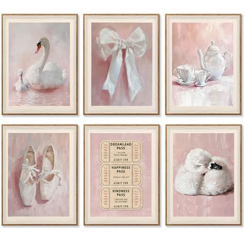 6Pcs Pink Vintage Swan Nursery Wall Art Ballerina Shoes and Bow Painting Picture Wall Decor Retro Tickets and Coffee Cups Preppy Posters Prints Artwork for Girls Room Gallery Dorm Apartment Kids Room