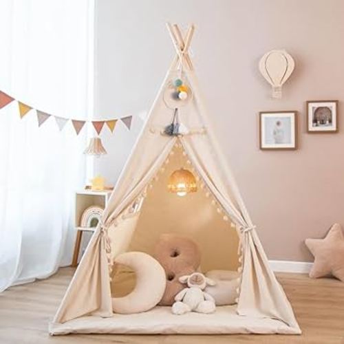 Teepee Tent for Kids with Padded Mat Foldable Tone Play Tents for Girl and Boy Canvas Tepee Playhouse for Child Indoor Outdoor