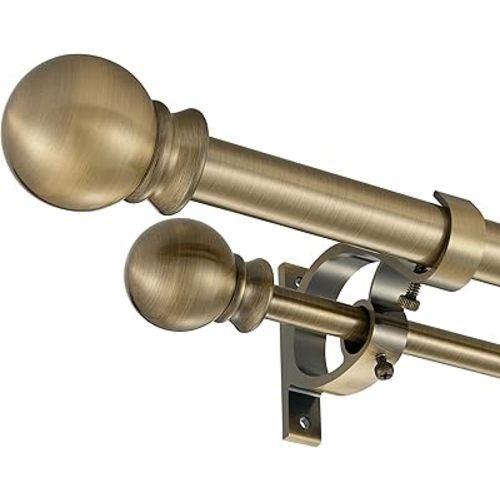 Antique Bronze Double Curtain Rods 36-72 Inch,1’’Front and 5/8’’Back Double Drapery Rod with Small Round Ball and Aluminum Brackets, Adjustable Dual Window Rod for Sheer/Blackout Curtains