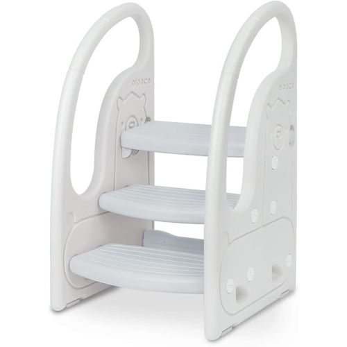 Toddler 3 Step Stool Onasti Kids Standing Tower for Toddlers Plastic Learning Helper Stool for Bathroom Sink with Handles and Non-Slip Pads-Grey White